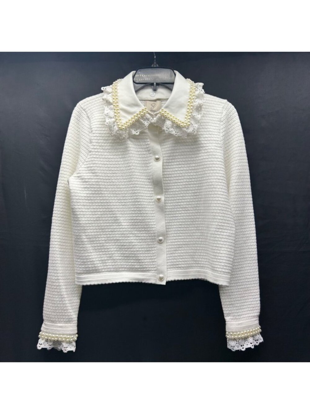 Sioni White Textured Button-Up Cardigan With Pearl & Lace Collar And Cuffs Size